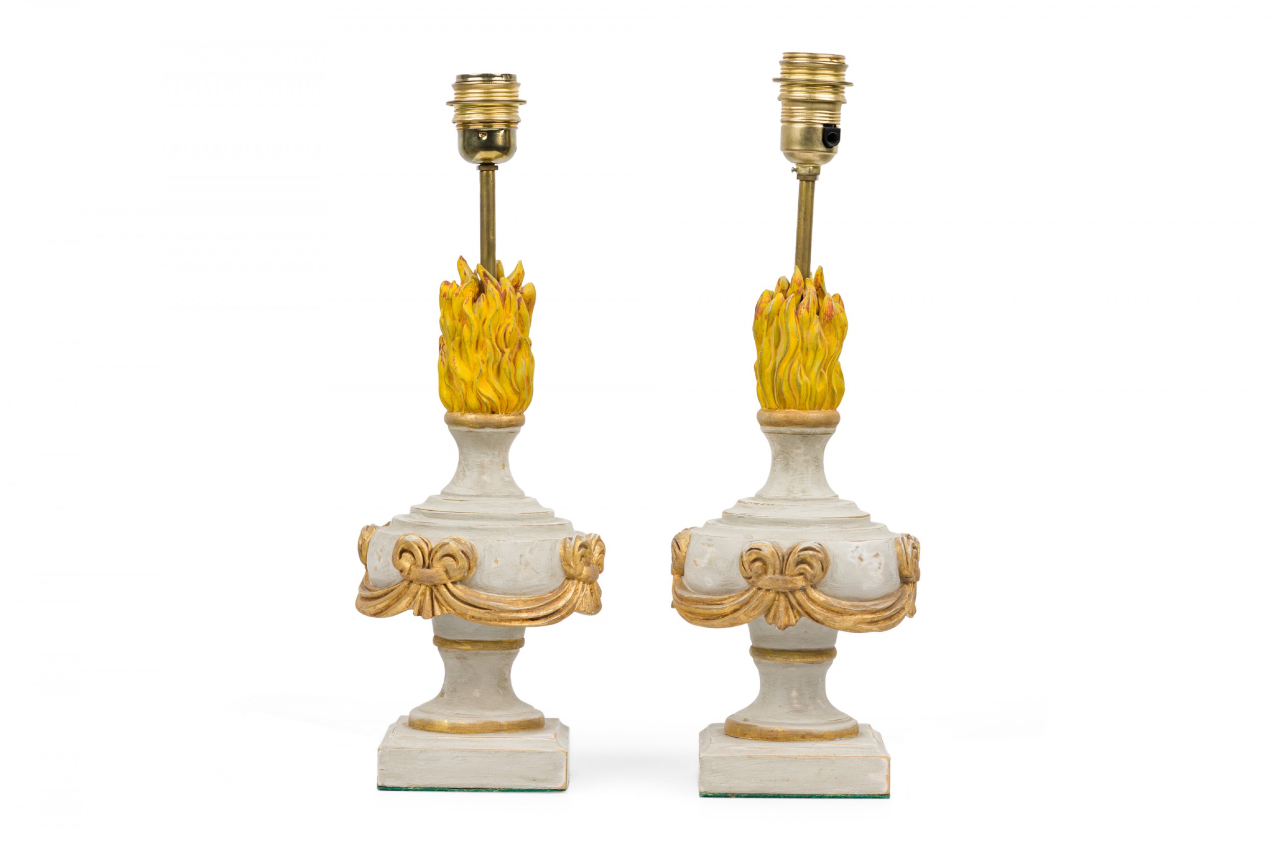 Pair of French Louis XVI Style Carved and Painted Flame and Urn Form Table Lamps